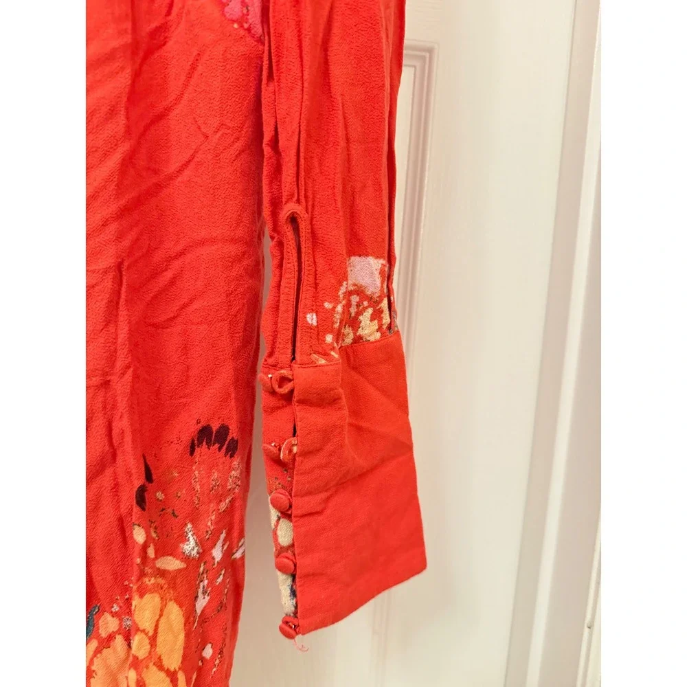 Free People Tunic Women Small Red Butterfly Wing Print High Low V-Neck Boho Top